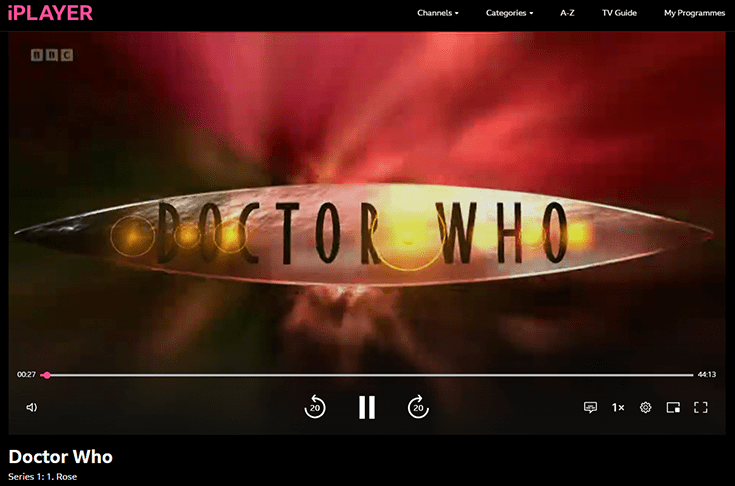 vpn bbc iplayer: captura de tela do bbc iplayer com vpn conectada, fazendo streaming de doctor who