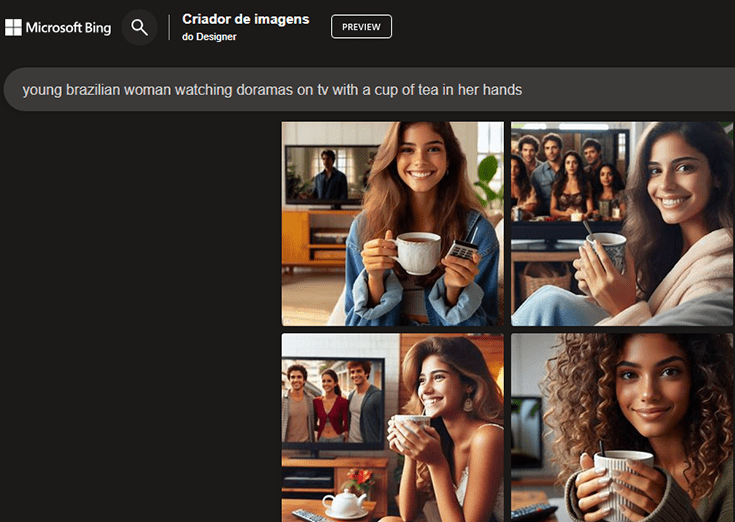 Resultado de jovem brasileira assistindo dorama no gerador de imagem IA Bing AI
