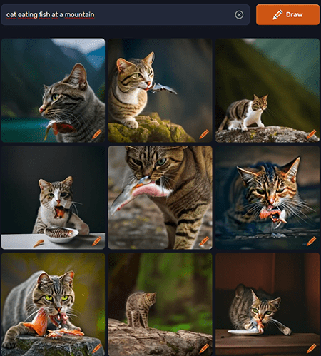 Resultado de gato comendo peixe no gerador de imagem IA Craiyon