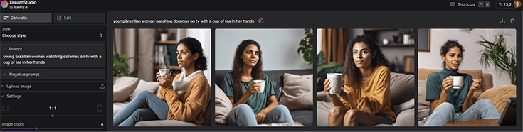 Resultado de jovem brasileira assistindo dorama no gerador de imagens IA DreamStudio