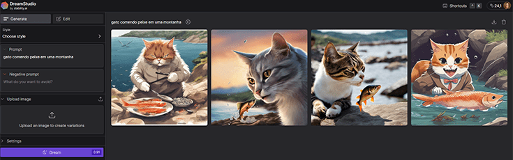Resultado de gato comendo peixe no gerador de imagens IA DreamStudio