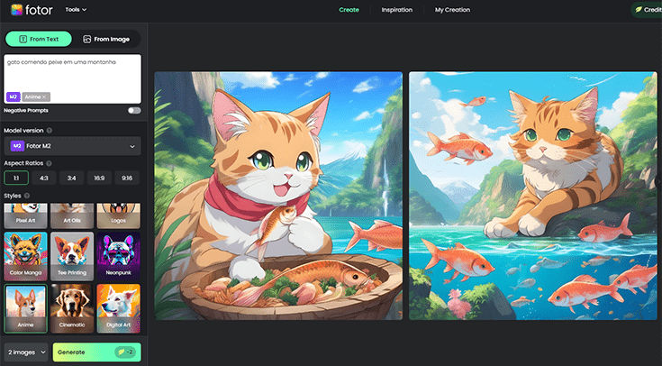 Resultado de gato comendo peixe no gerador de imagem IA Fotor