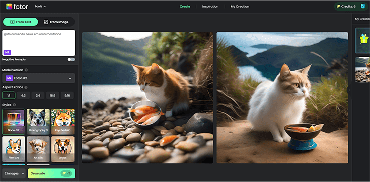 Resultado de gato comendo peixe no gerador de imagem IA Fotor