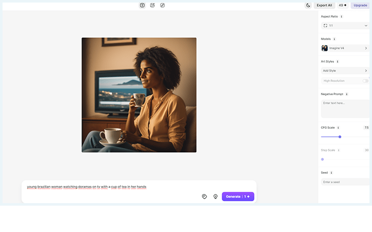 Resultado de jovem brasileira assistindo dorama no gerador para criar imagem com inteligencia artificial Imagine.art