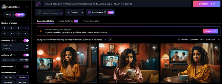 Resultado de jovem brasileira assistindo dorama na inteligência artificial que cria imagens Leonardo