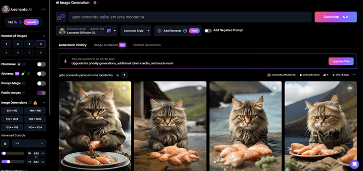 Resultado de gato comendo peixe na inteligência artificial que cria imagens Leonardo