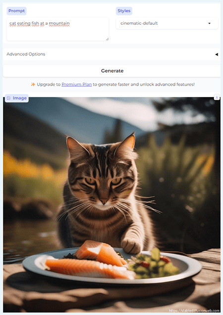 Resultado de gato comendo peixe na IA que cria imagens grátis Stable Diffusion