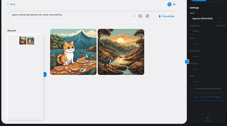 Resultado de gato comendo peixe no gerador de imagem IA Synthesys