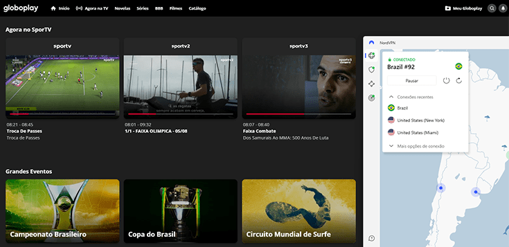 captura de tela que mostra a globoplay com uma vpn conectada a um servidor do brasil para resolver o problema de onde assistir copa do brasil do exterior