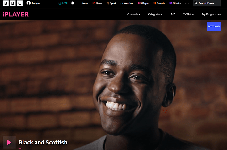 vpn bbc iplayer: captura de tela do bbc iplayer com vpn conectada, fazendo streaming de documentários da Escócia