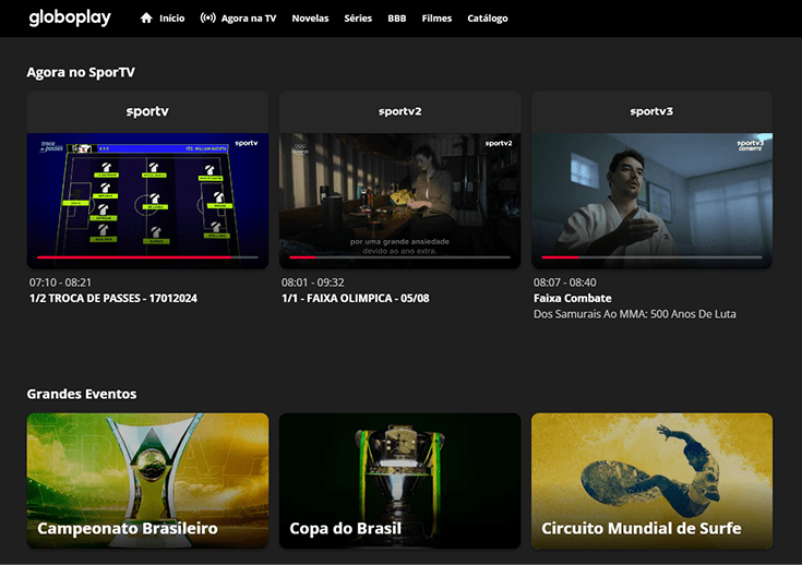 captura de tela mostrando a sportv no globplay, onde dá para assistir os jogos do brasileirão ao vivo