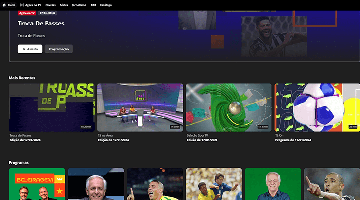 captura de tela mostrando o sportv no globoplay internacional, sem os jogos do brasileirão ao vivo
