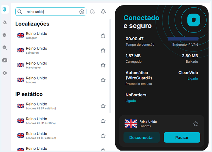 captura de tela mostrando o app da Surfshark, o melhor serviço de vpn iplayer