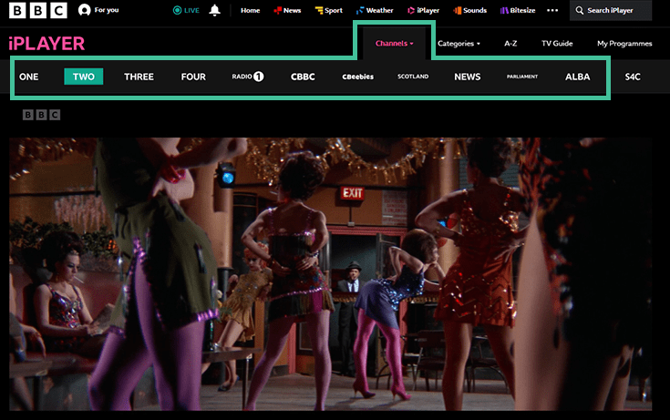 assistir bbc ao vivo: captura de tela mostrando o site do bbc iplayer desbloqueando, com destaque para todos os canais disponíveis