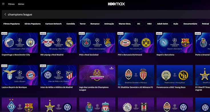 captura de tela do serviço de streaming HBO Max, responsável pela transmissão da champions league