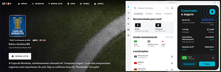 onde assistir copa do nordeste 2024? captura de tela do star plus com uma vpn conectada ao brasil, a solução para assitir ao campeonato fora do país
