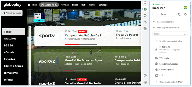 Site da Globo e NordVPN ativada para assistir copa america ao vivo sportv