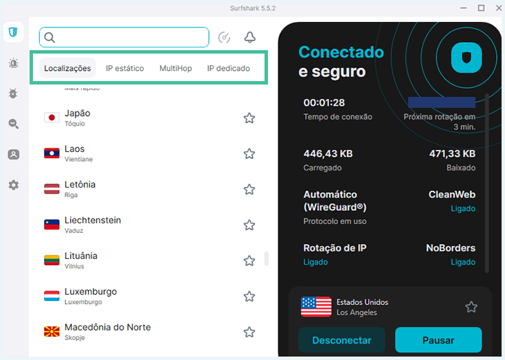 captura de tela do app de VPN da Surfshark, mostrando as opções de IP disponíveis