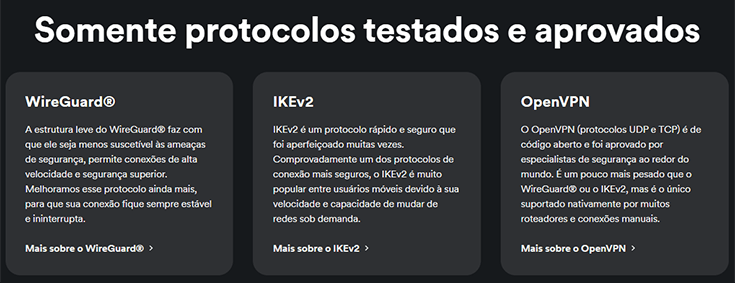 captura de tela do site de VPN da Surfshark, mostrando as opções de protocolo disponíveis