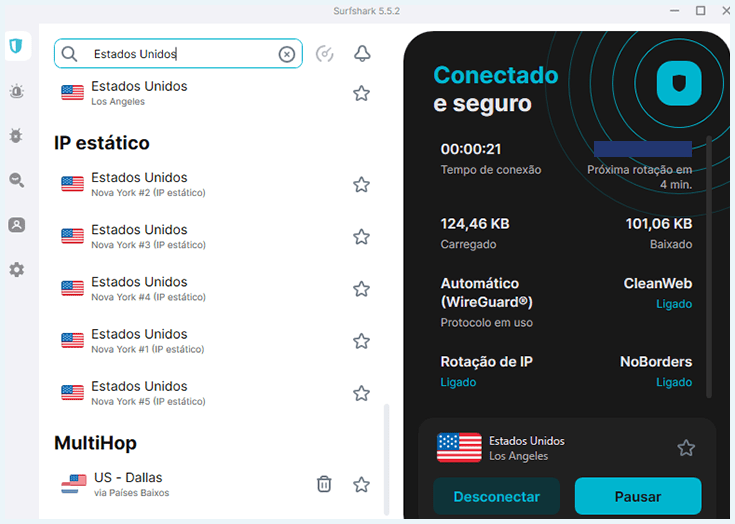 captura de tela do app de VPN da Surfshark, mostrando as opções de servidores nos EUA