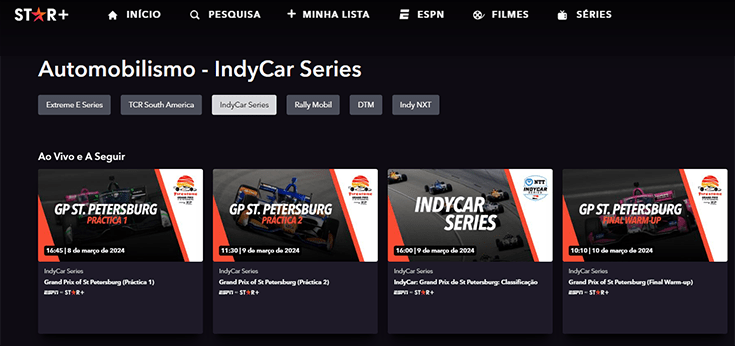 Captura de tela streaming Star Plus assistir Formula Indy ao vivo no Brasil março 2024