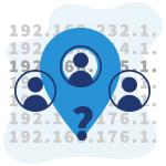 Marcador de localização entre vários ícones de usuário em um plano de fundo de endereços IP.