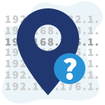 Ícone de localização com ícone de interrogação e plano de fundo de endereços IP. Representa a pergunta: "qual meu ip e localização"