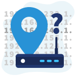 Roteador com marcador de localização e um ponto de interrogação, representando a pergunta "qual é meu IP do roteador?".