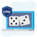 Computador com um ícone de dados representando sites de cassino e um escudo de VPN
