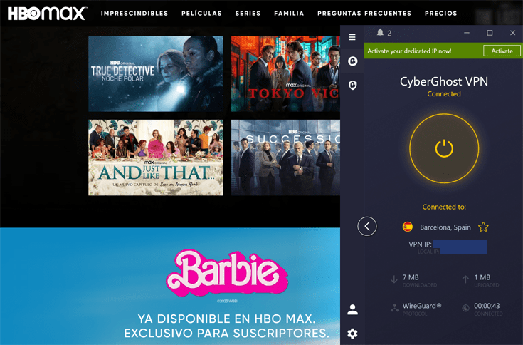 HBO Max i bakgrunden med CyberGhost i förgrunden.
