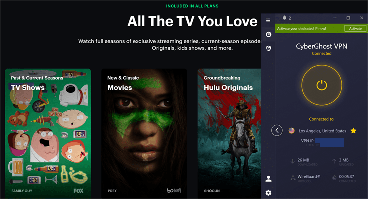 Hulu i bakgrunden med CyberGhost VPN i förgrunden.