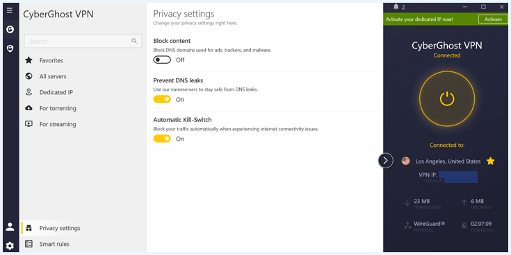 Kill switch-funktionen under integrationsinställningar för CyberGhost VPN.