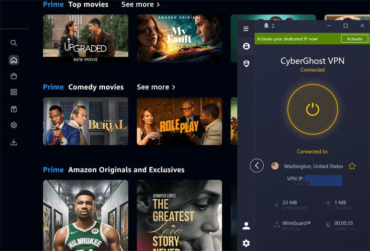 Prime Video i bakgrunden med CyberGhost i förgrunden.