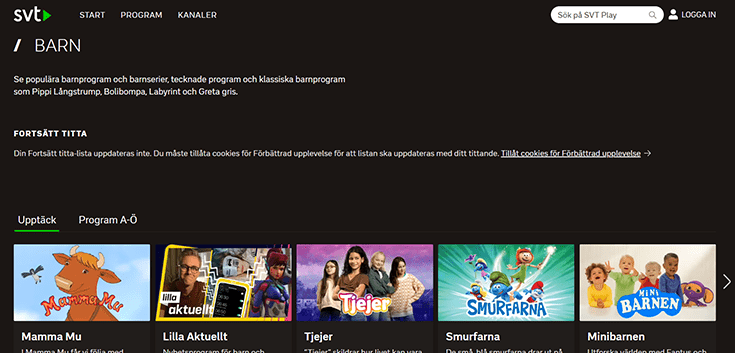 Skärmbild av SVT Play-barnsidan