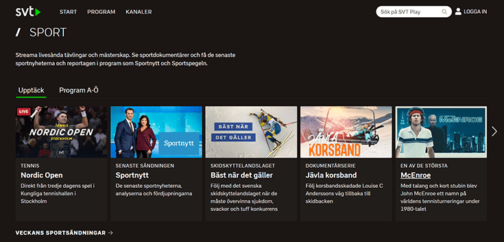 Skärmbild av SVT Play-sportsidan