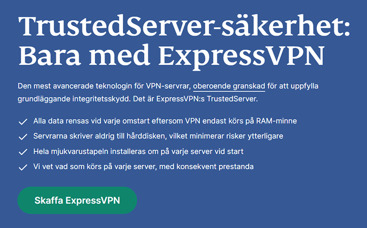 Skärmbild av ExpressVPN, Trusted Server-hemsida