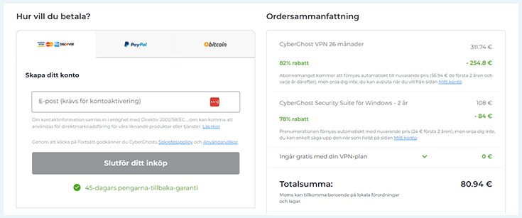 Skärmbild av kassasidan på CyberGhosts hemsida.