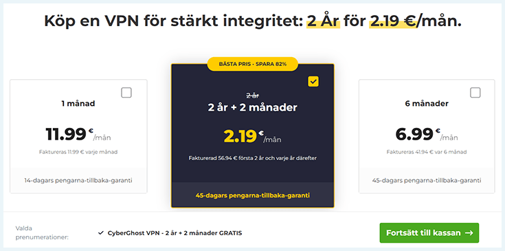 Skärmbild av prissidan för CyberGhost.