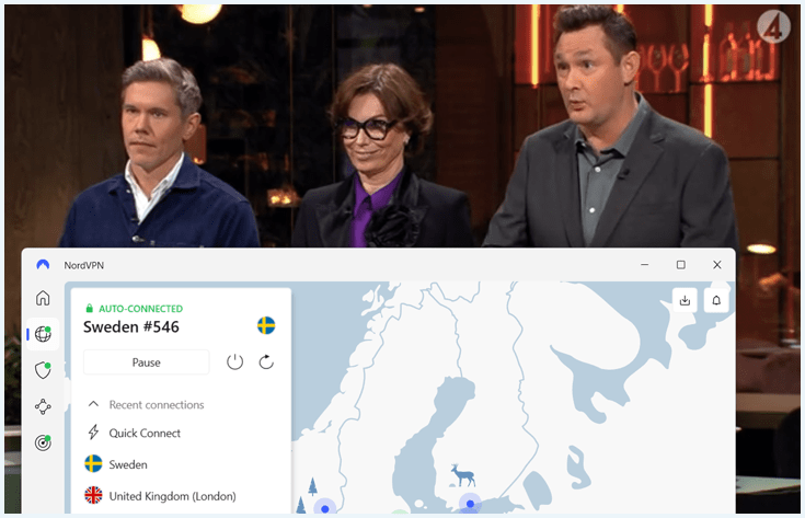 Skärmbild av Sveriges mästerkock på TV4 Play med NordVPN-appen öppen framför