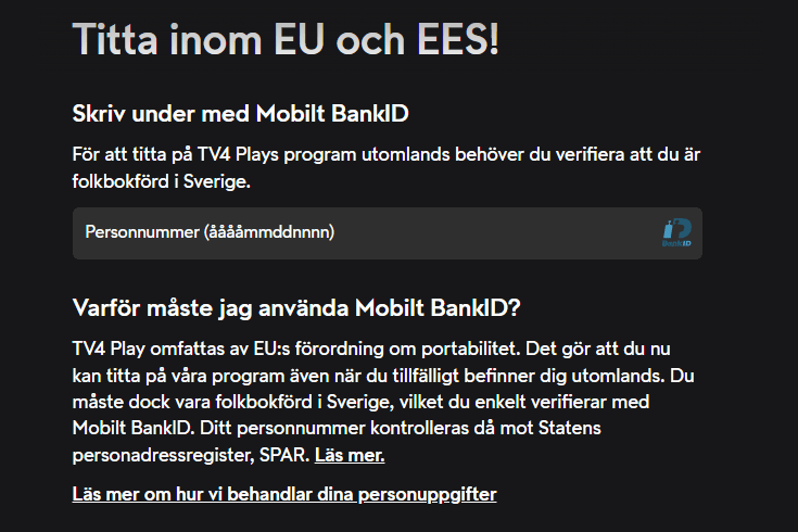 Skärmbild av TV4 Plays inloggningssida som kräver verifiering via BankID