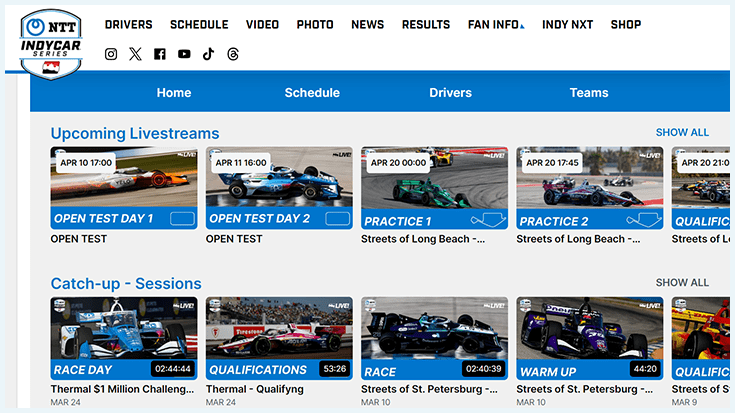 Skärmbild av streamingplattformen Indycar Live