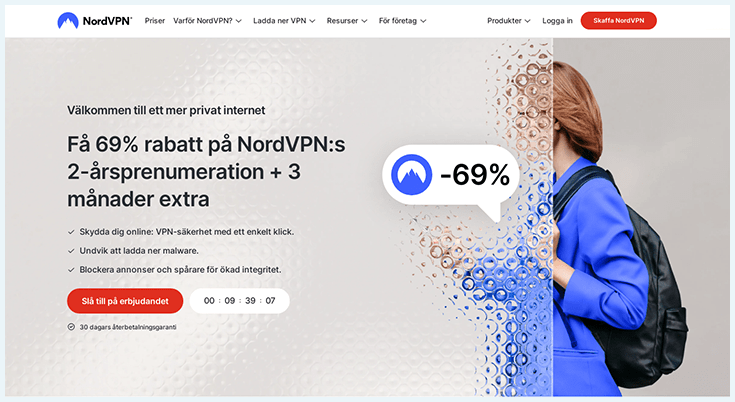 Skärmbild av NordVPN-hemsidan