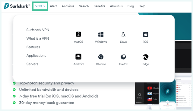 Skärmbild av Surfshark Antivirus, nedladdningsalternativ