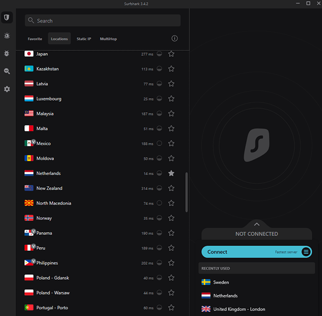 Skärmbild av Surfshark VPN-leverantören, serverlista
