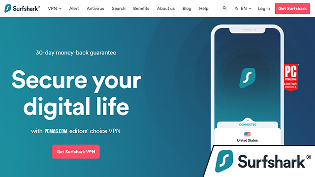 Surfshark VPN-leverantörens hemsida med adderad logotyp i hörnet