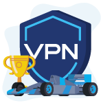 VPN-sköld med en pokal och en racingbil framför