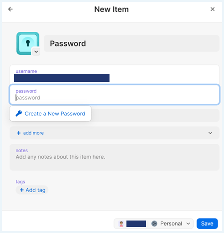 Adding a new password into 1Password.