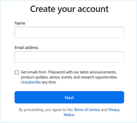 Enter your name and email to create an account.