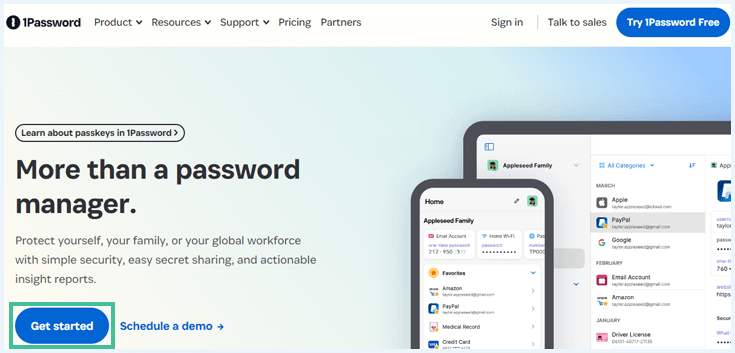 A screenshot of the 1Password homepage with a "Get started" button outlined.