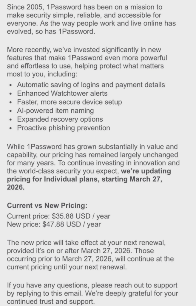 Official 1Password communication about price increase
